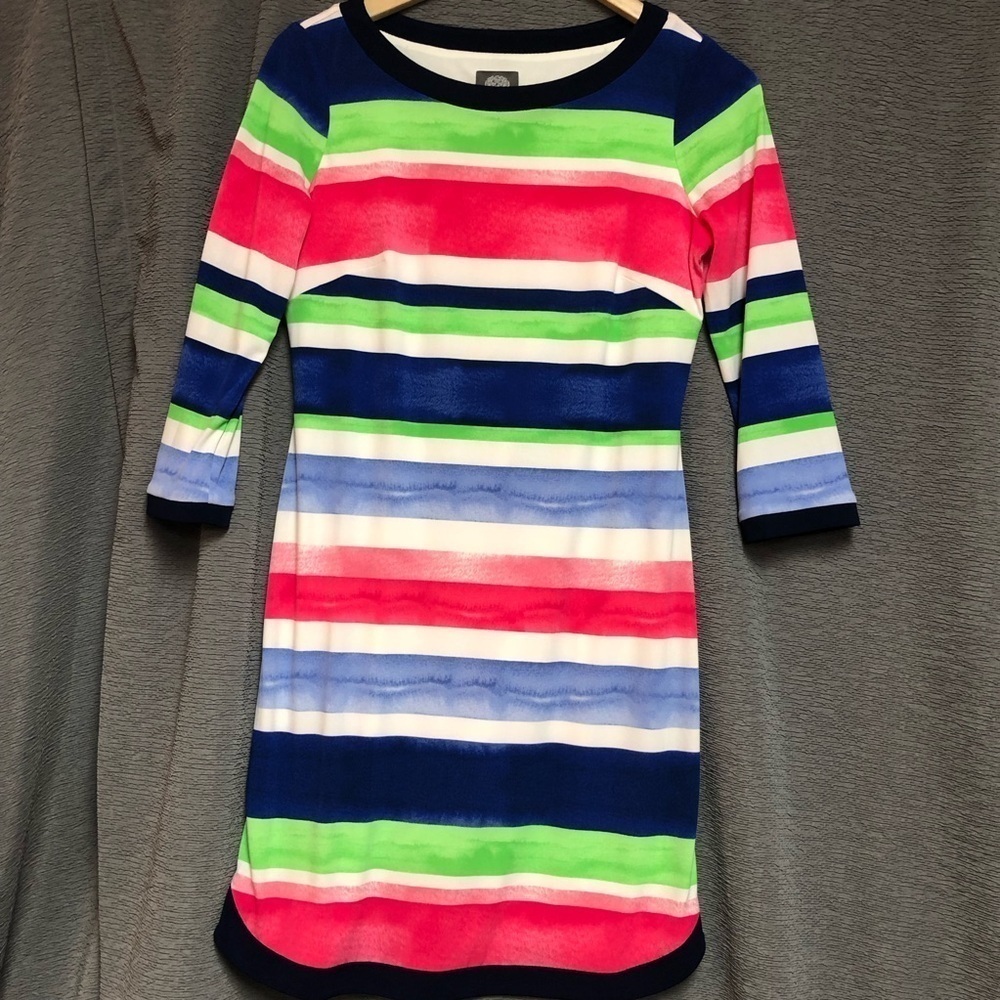 Vince Camuto size 4 round neck, striped dress, three-quarter sleeves